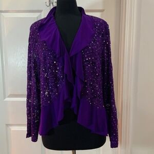 R & M Richard’s Sequin Purple Lace Ruffle Open Front Party Jacket Plus Size 22